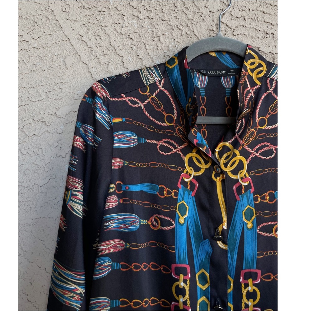 ZARA BLOGGER FAVE Black & Blue Chain Scarf Printed Long Tunic Blouse Top XS - Picture 8 of 17